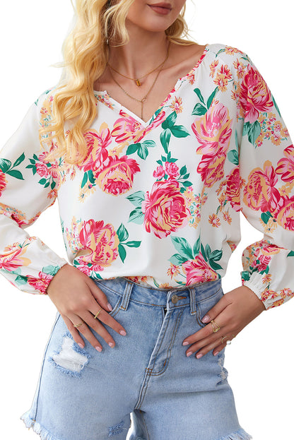 Floral Pleated Notch V-Neck Blouse