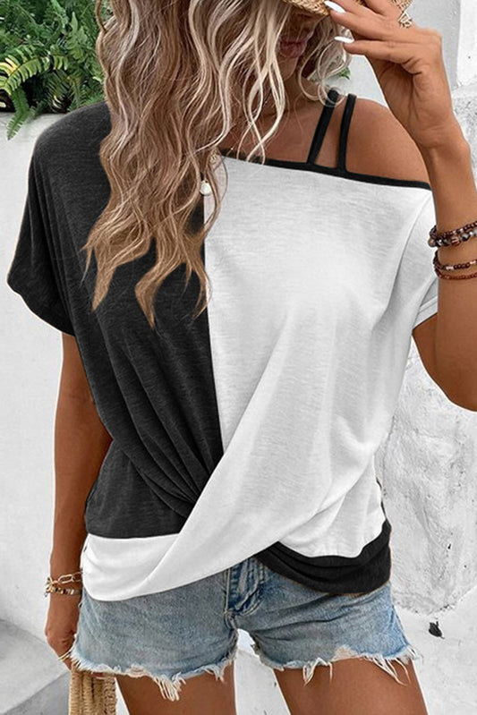 Colorblock Asymmetrical Cold Shoulder Top