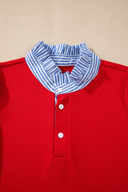 Stripe Contrast Collar Puff Sleeve Ruffle Mini Dress