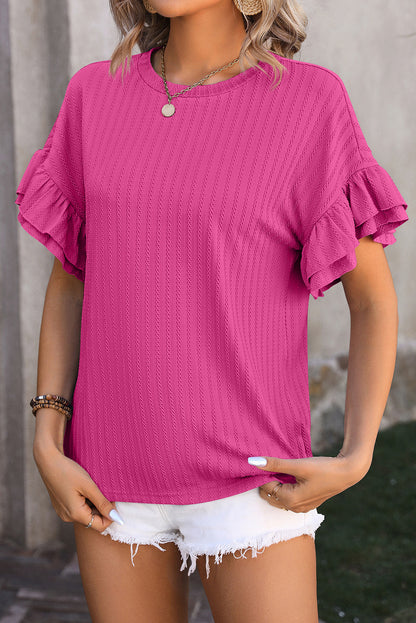 Ribbed Ruffle Short Sleeve Top