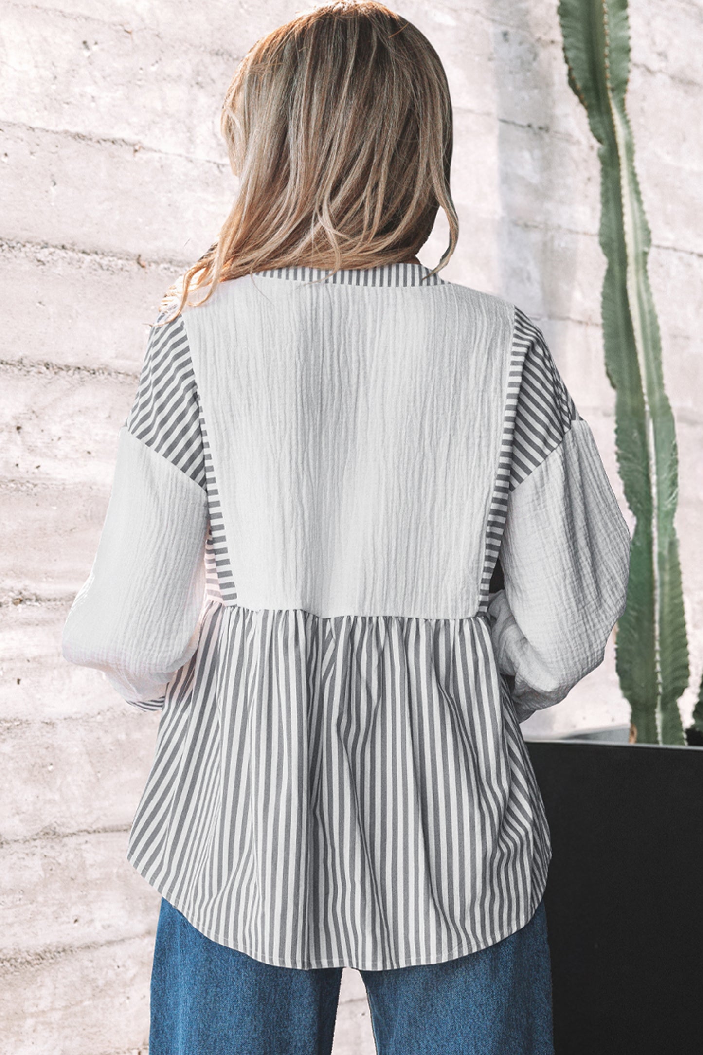 Stripe Gauze Patchwork Half Buttoned Babydoll Blouse