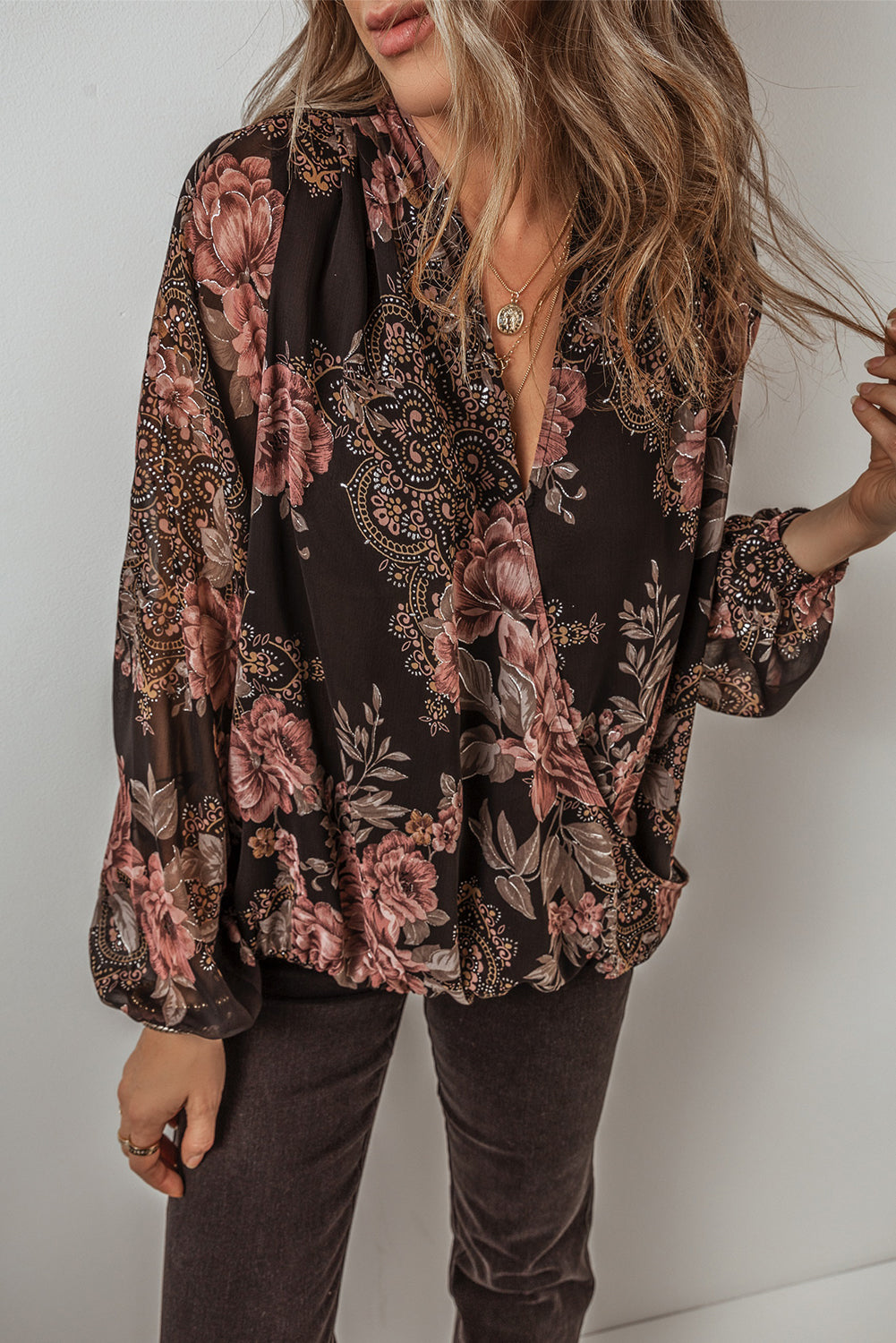 Floral Wrap V-Neck Balloon Sleeve Blouse