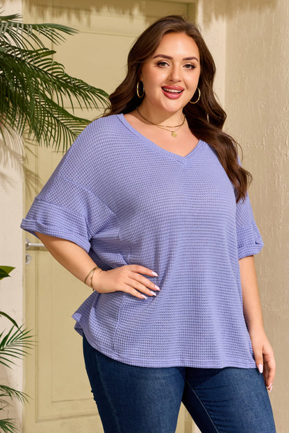 Plus Size Solid Waffle Knit V-Neck Short Sleeve Top