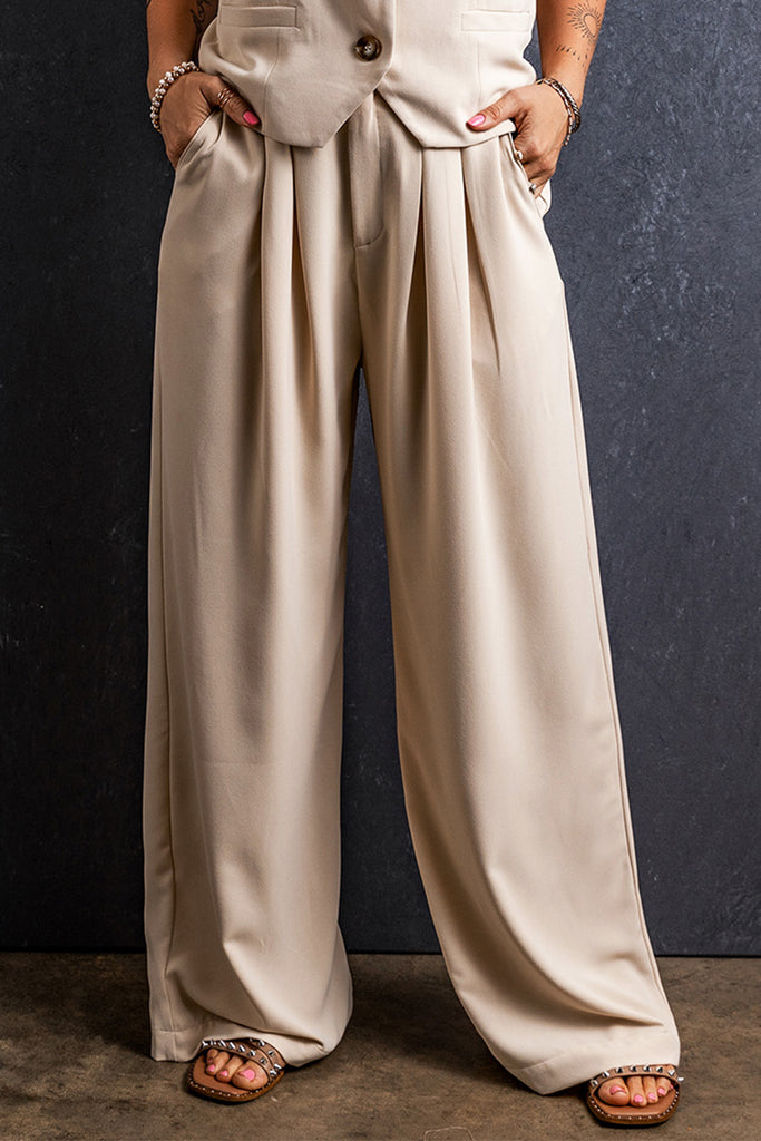 Pleated Wide Leg Pocketed Pants