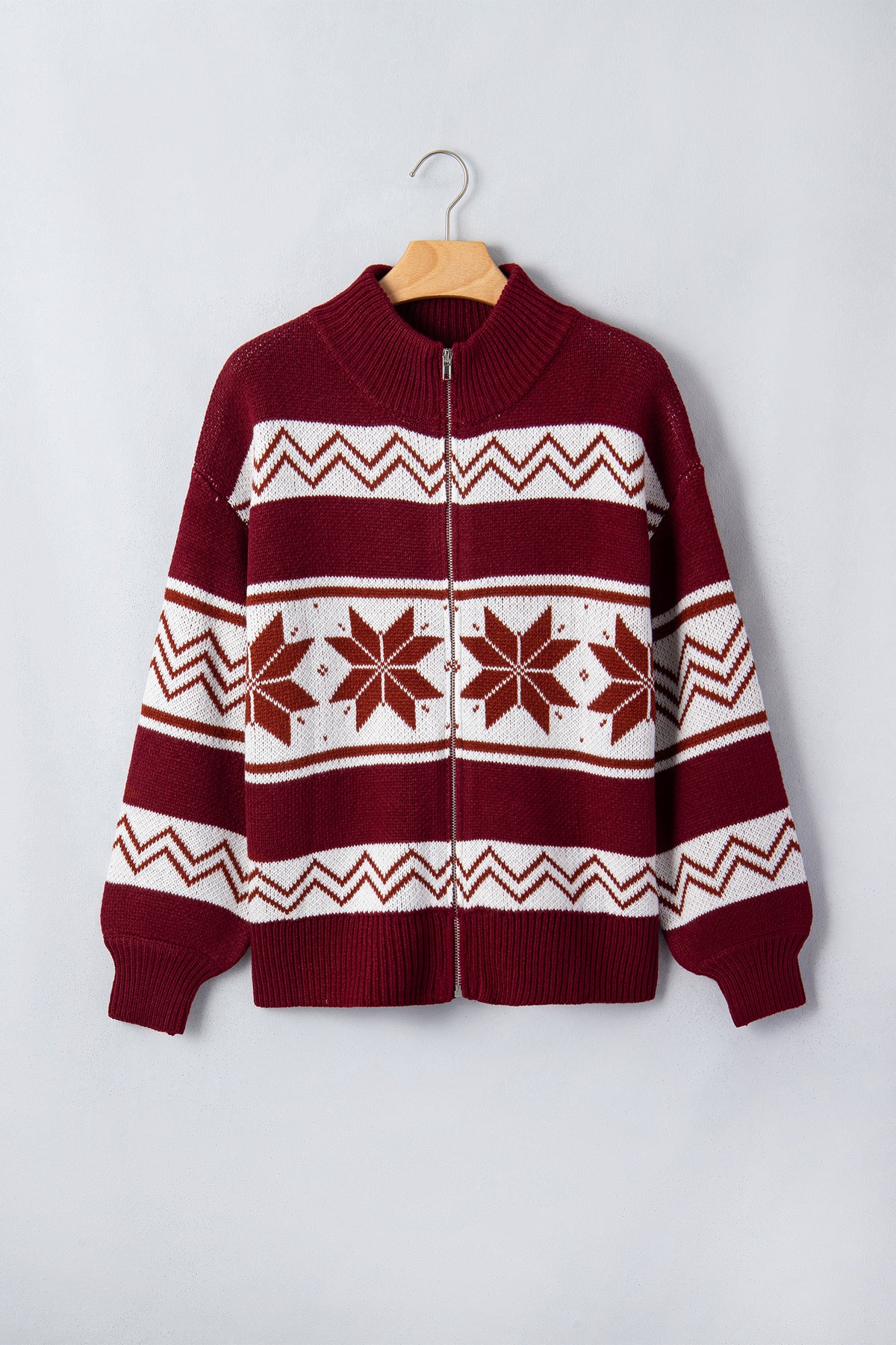 Geometric Fair Isle Knit Zip-Up Mock Neck Cardigan