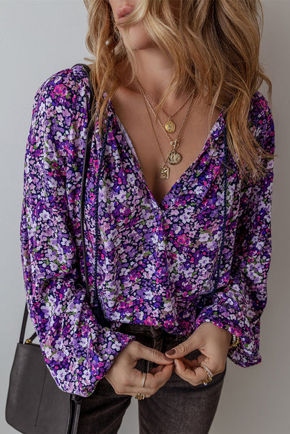 Floral Boho V-Neck Bubble Sleeve Blouse