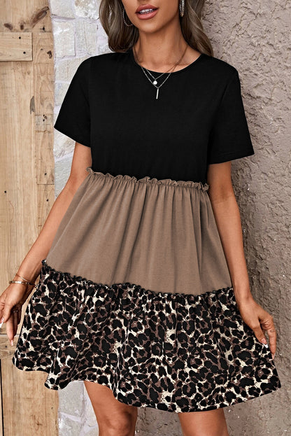 Leopard Colorblock Frilled T-Shirt Dress