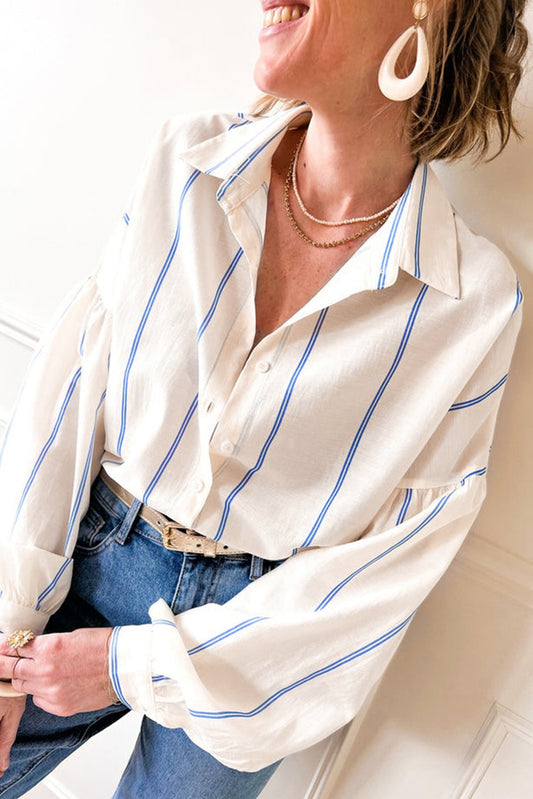 Stripe Bubble Sleeve Buttoned Shirt