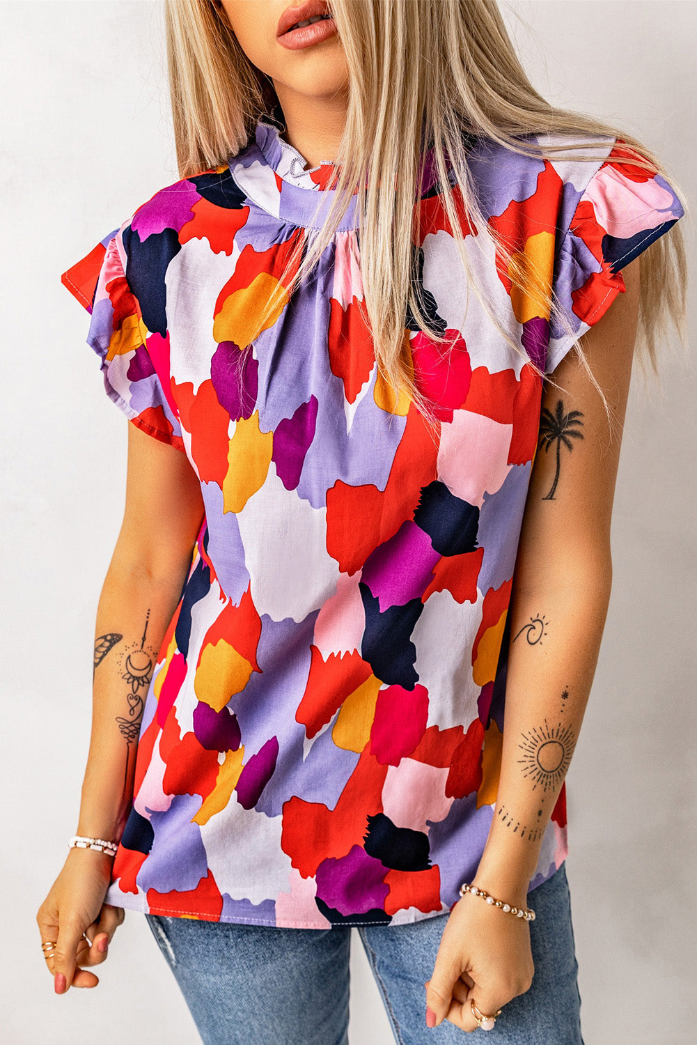 Abstract Ruffle Mock Neck Top