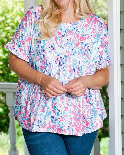 Abstract Frilled Short Sleeve Top Plus Size