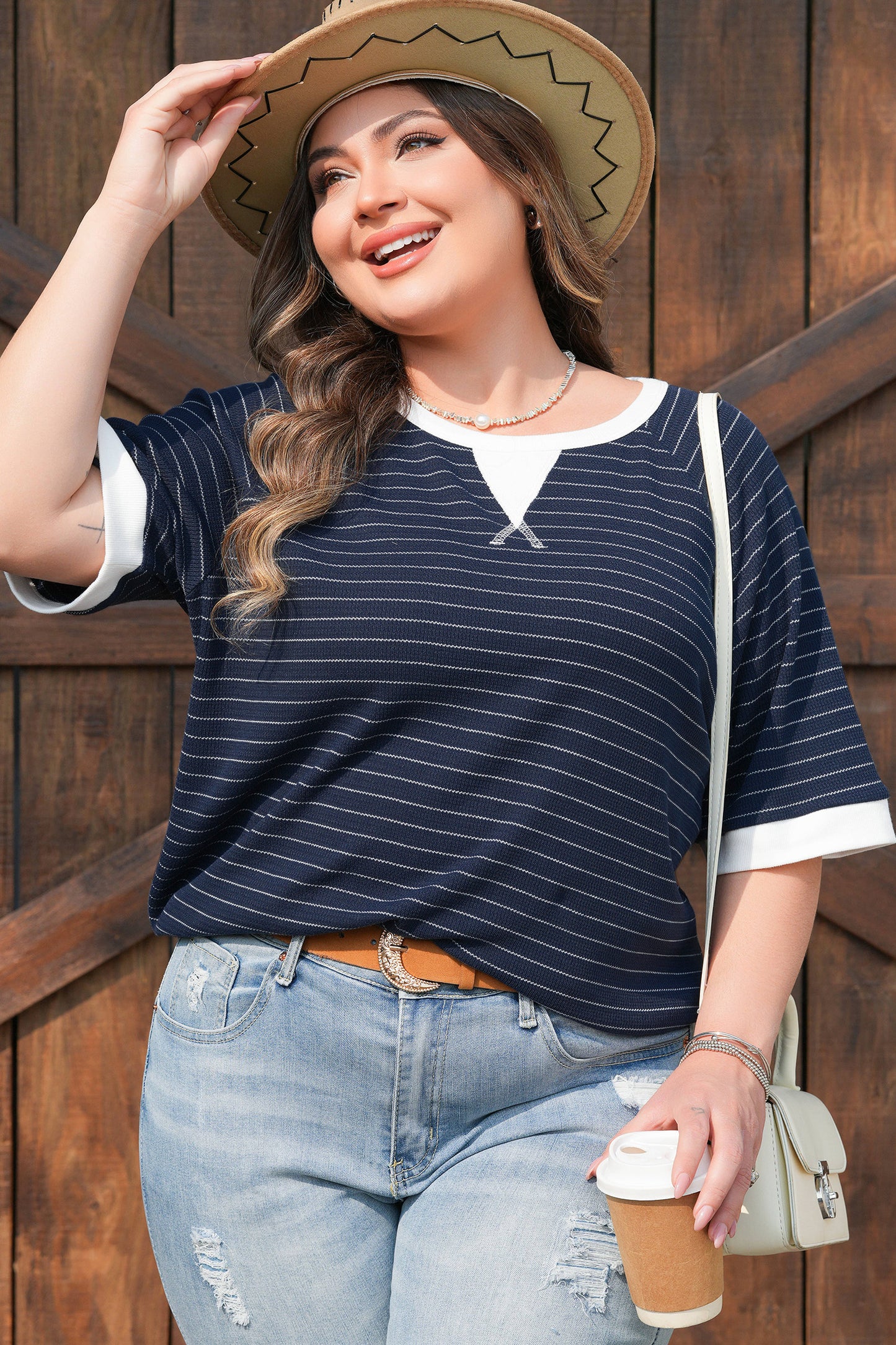 Plus Size Stripe Contrast Trim Ribbed T-Shirt