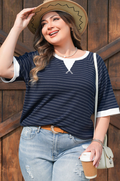 Plus Size Stripe Contrast Trim Ribbed T-Shirt