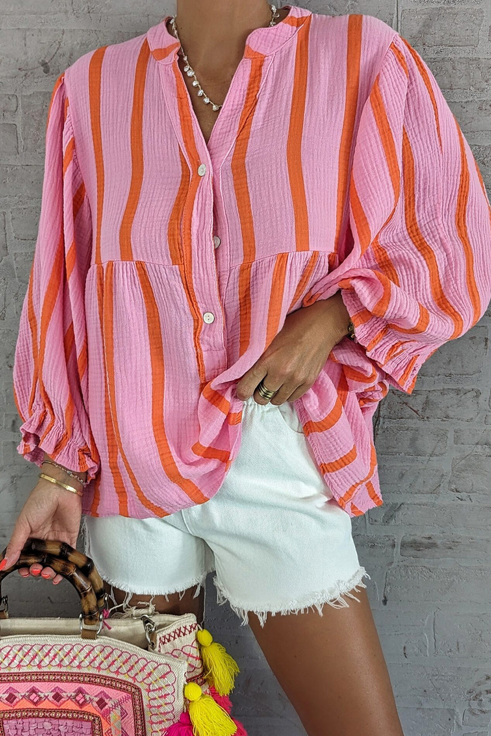 Stripe Ruffle Sleeve Buttoned Shirt