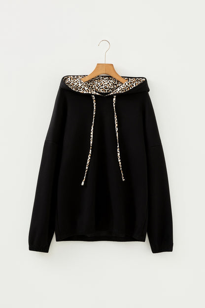 Leopard Contrast Drawstring Hood Drop Shoulder Top