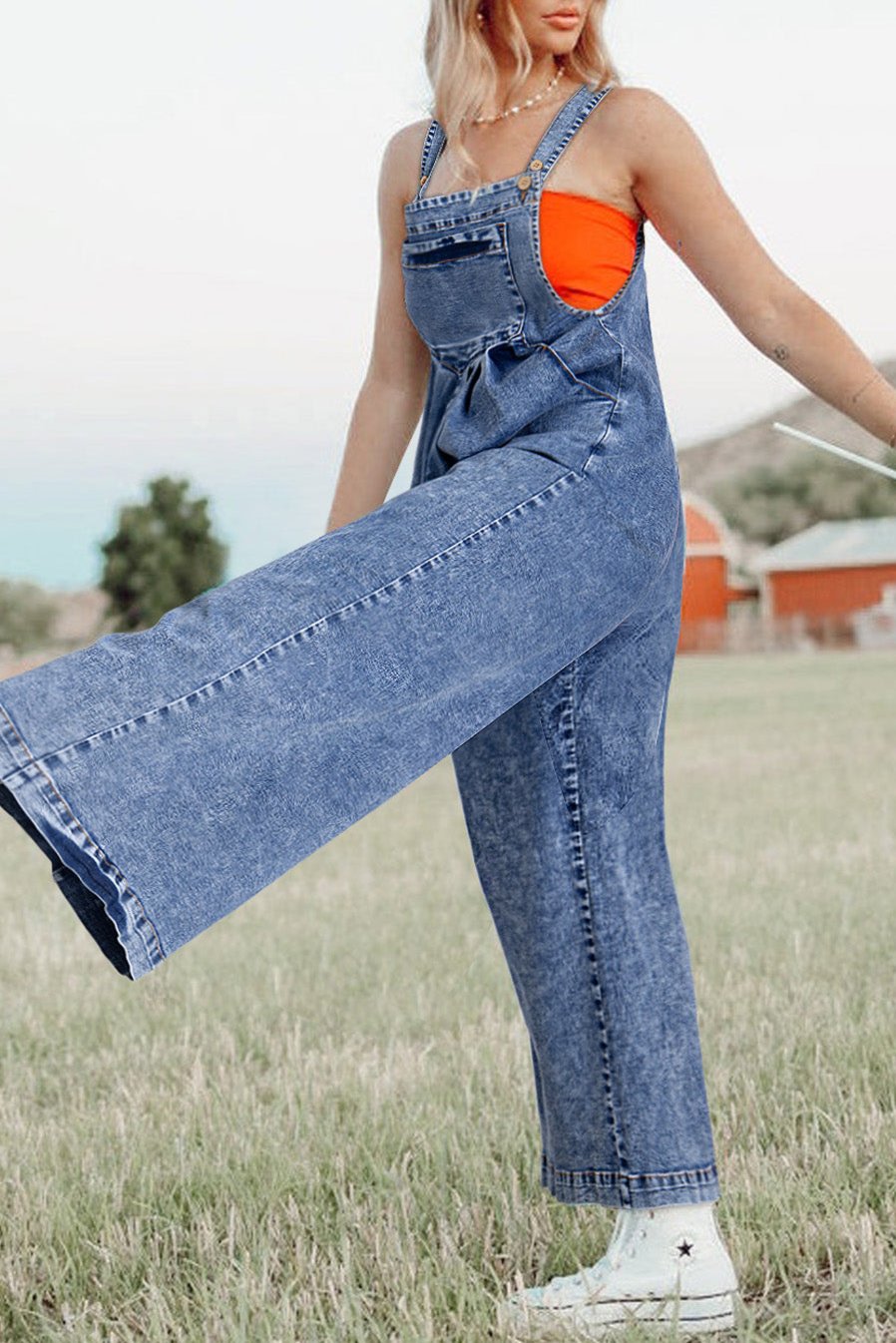 Denim Wash Wide Leg  Overalls