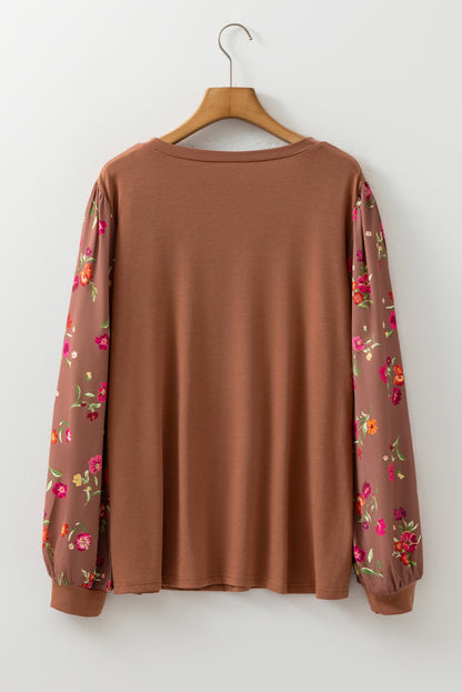 Plus Size Floral Patchwork Sleeve Crewneck Top