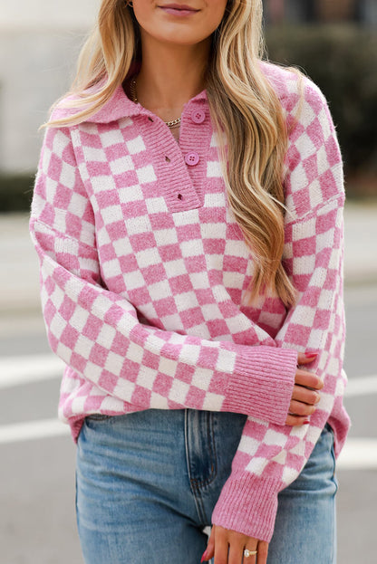 Checker Buttoned Collar Sweater