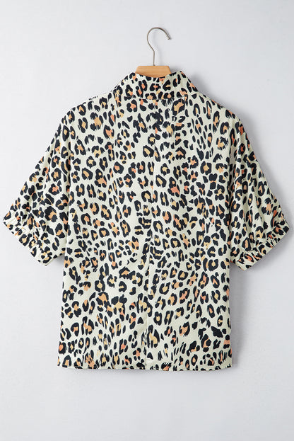 Leopard Colorblock Contrast V-Neck Short Sleeve Blouse
