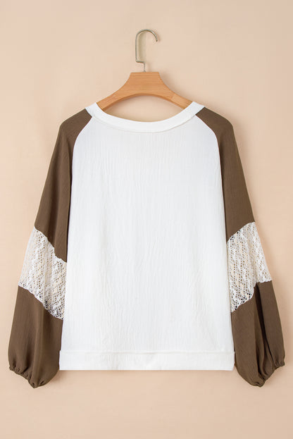 Plus Size Colorblock Lace Patchwork Balloon Sleeve Top