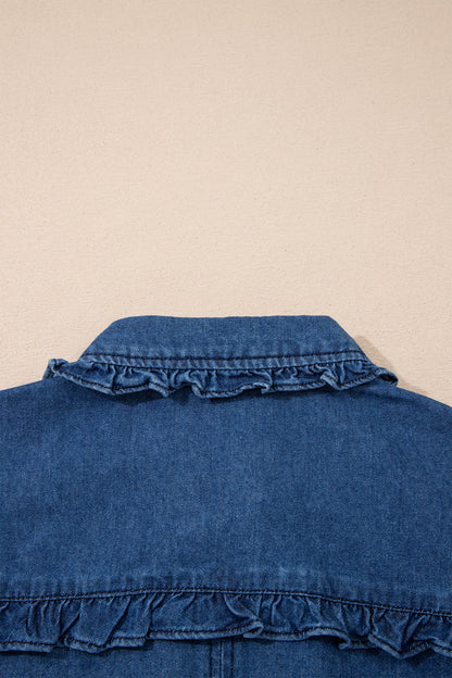 Denim Ruffle Edge Collared Button Up Dress