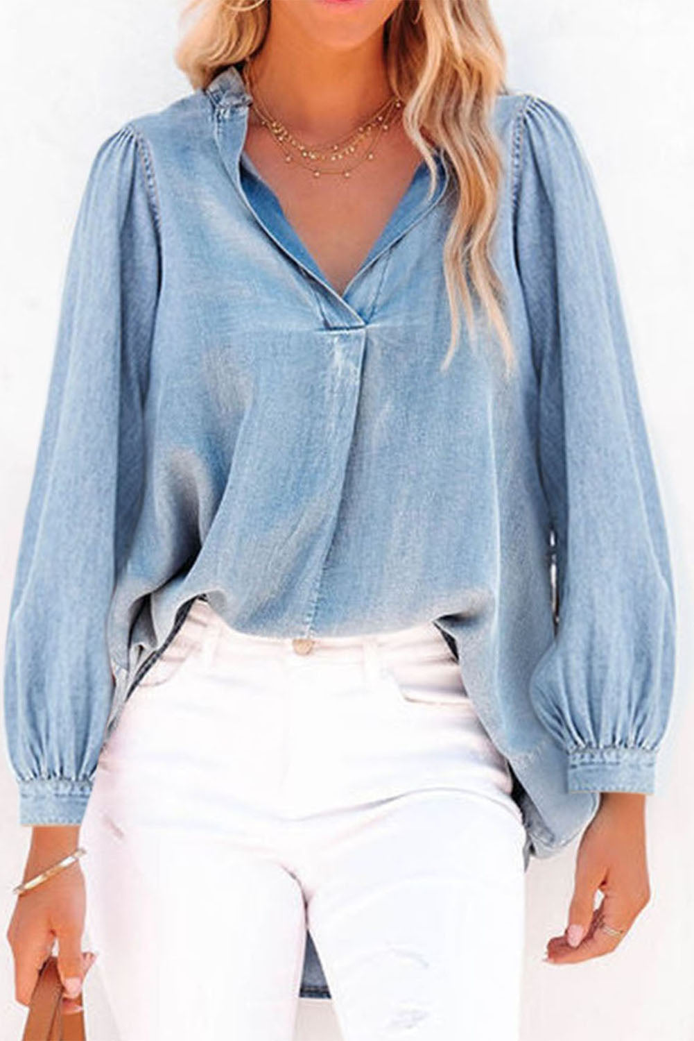 Denim Split V-Neck Balloon Sleeve Top