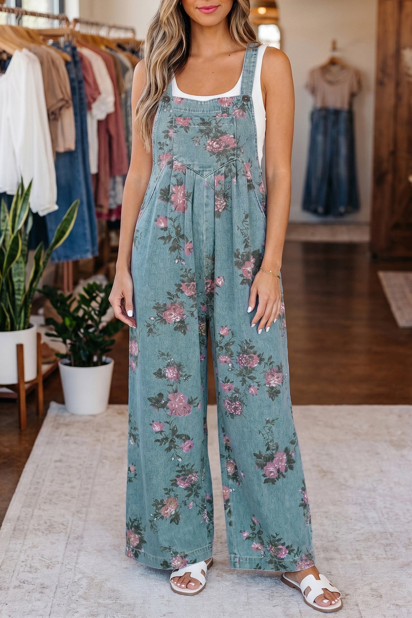 Floral Pleated High Waist Wide Leg Jumpsuit