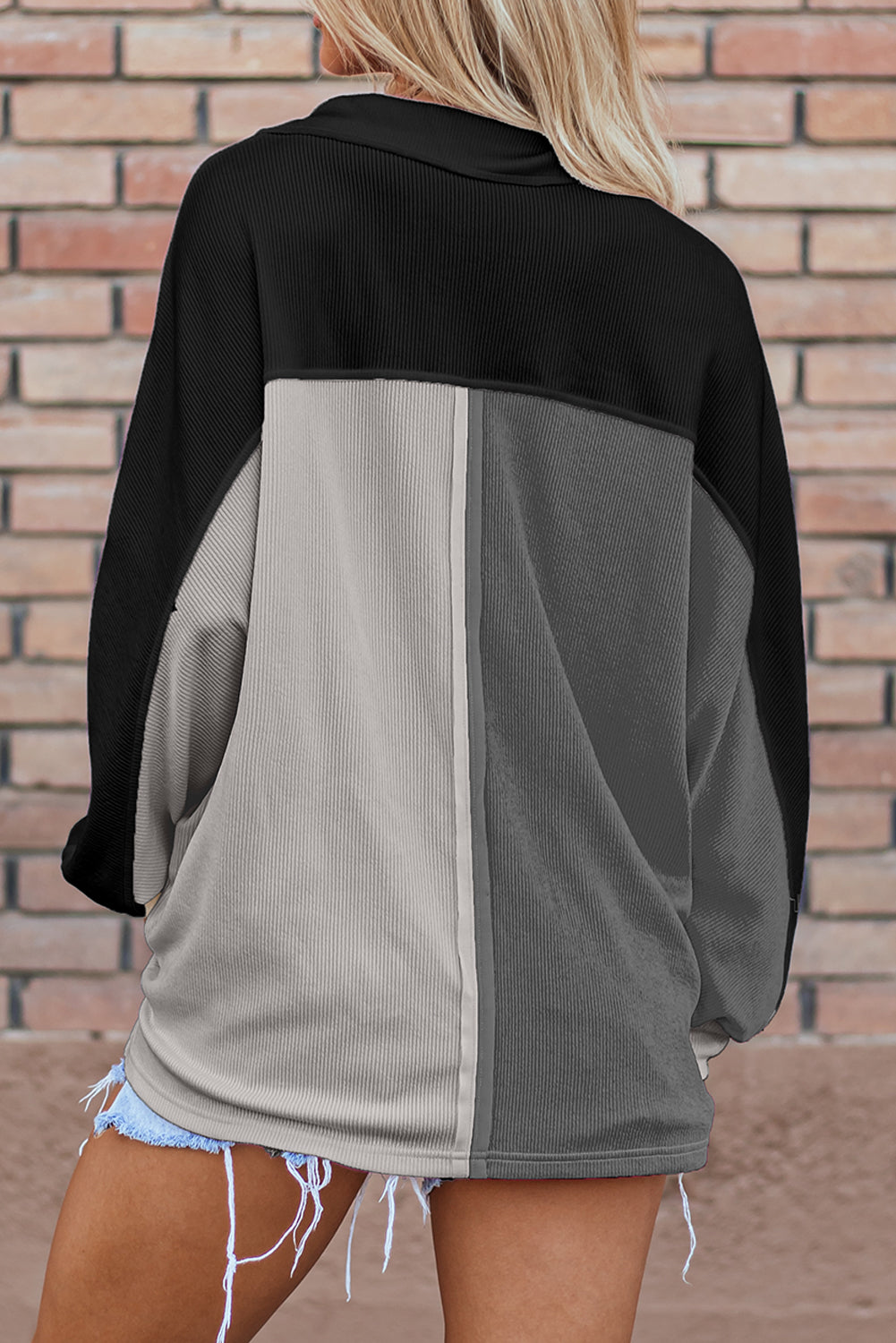 Colorblock Ribbed Oversize Collared Sweatshirt