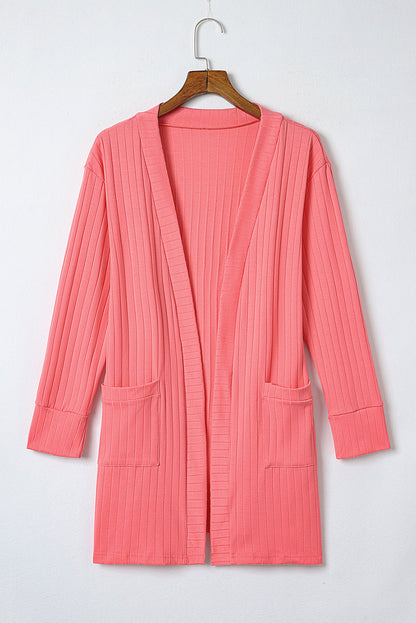 Ribbed Open Front Pocketed Cardigan