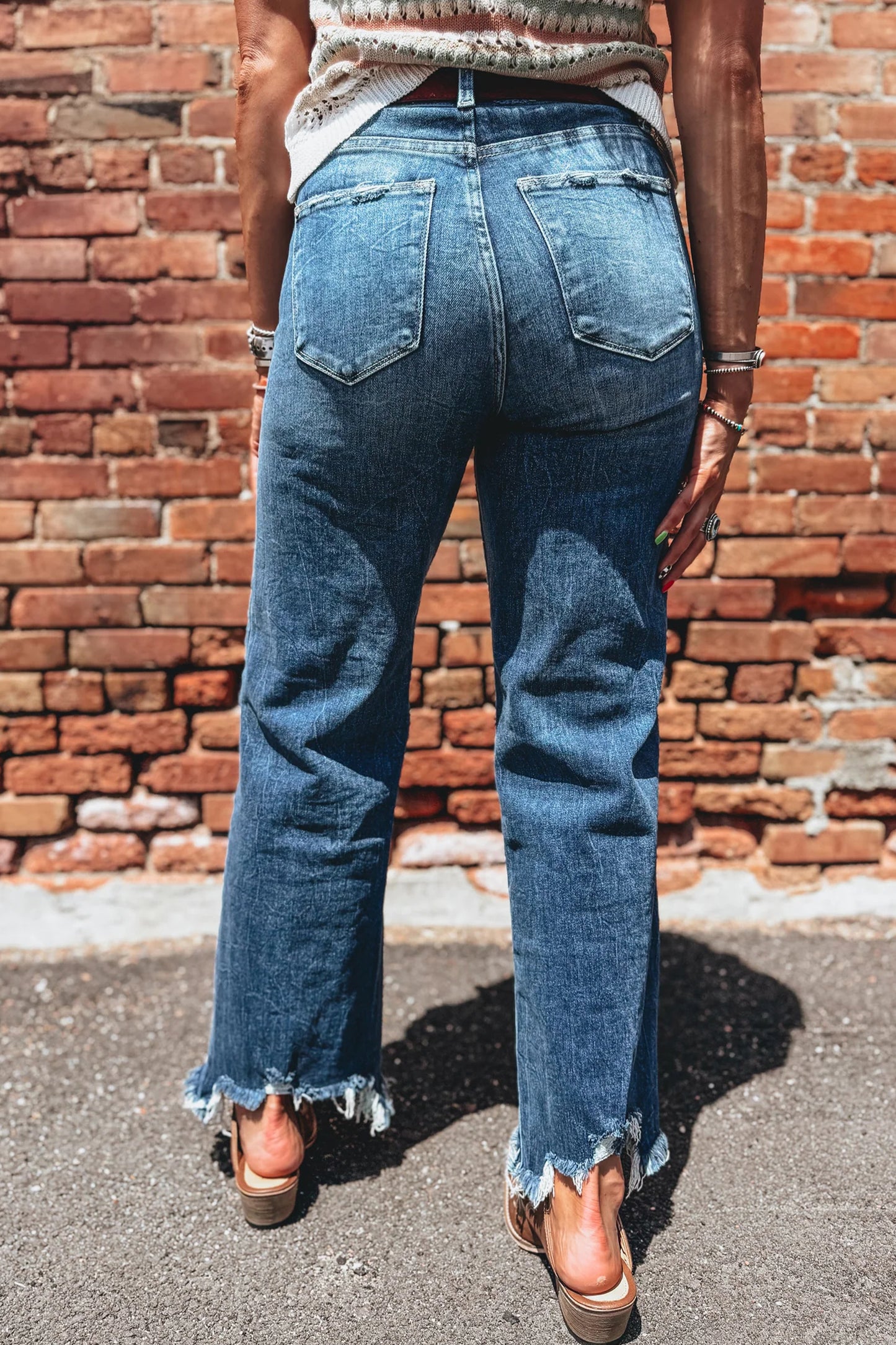 Denim High Waist Frayed Hem Flare Jeans