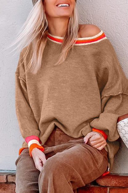 Colorblock Stripe Trim Drop Shoulder Sweater