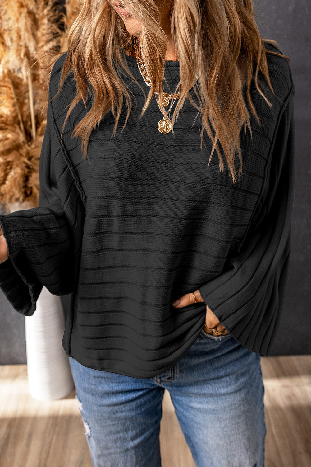 Ribbed Reserve Seam Dolman Sleeve Top