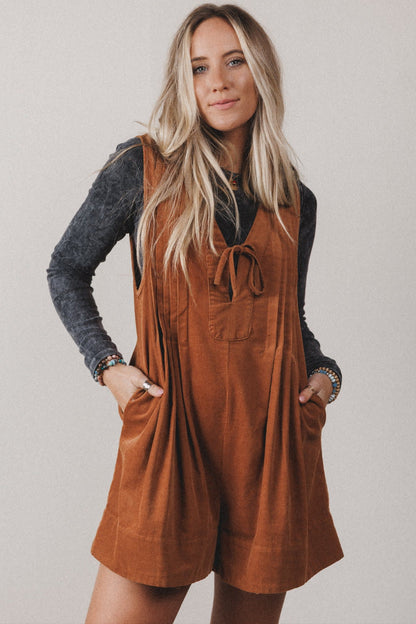 Solid Tie V-Neck Sleeveless Corduroy Romper