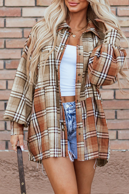 Plaid Colorblock Bishop Sleeve Shacket