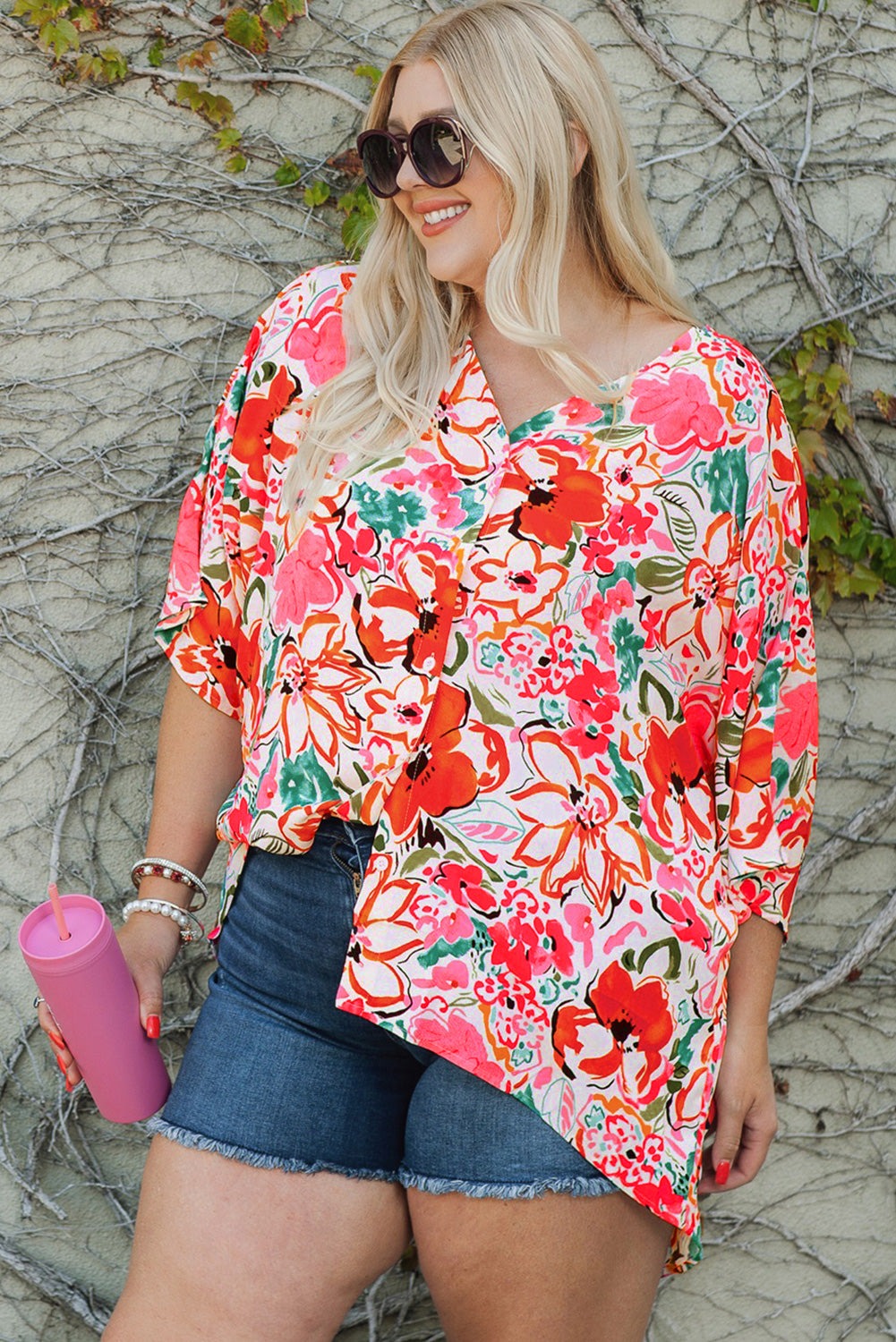 Floral Kimono Sleeve Shirt Plus Size