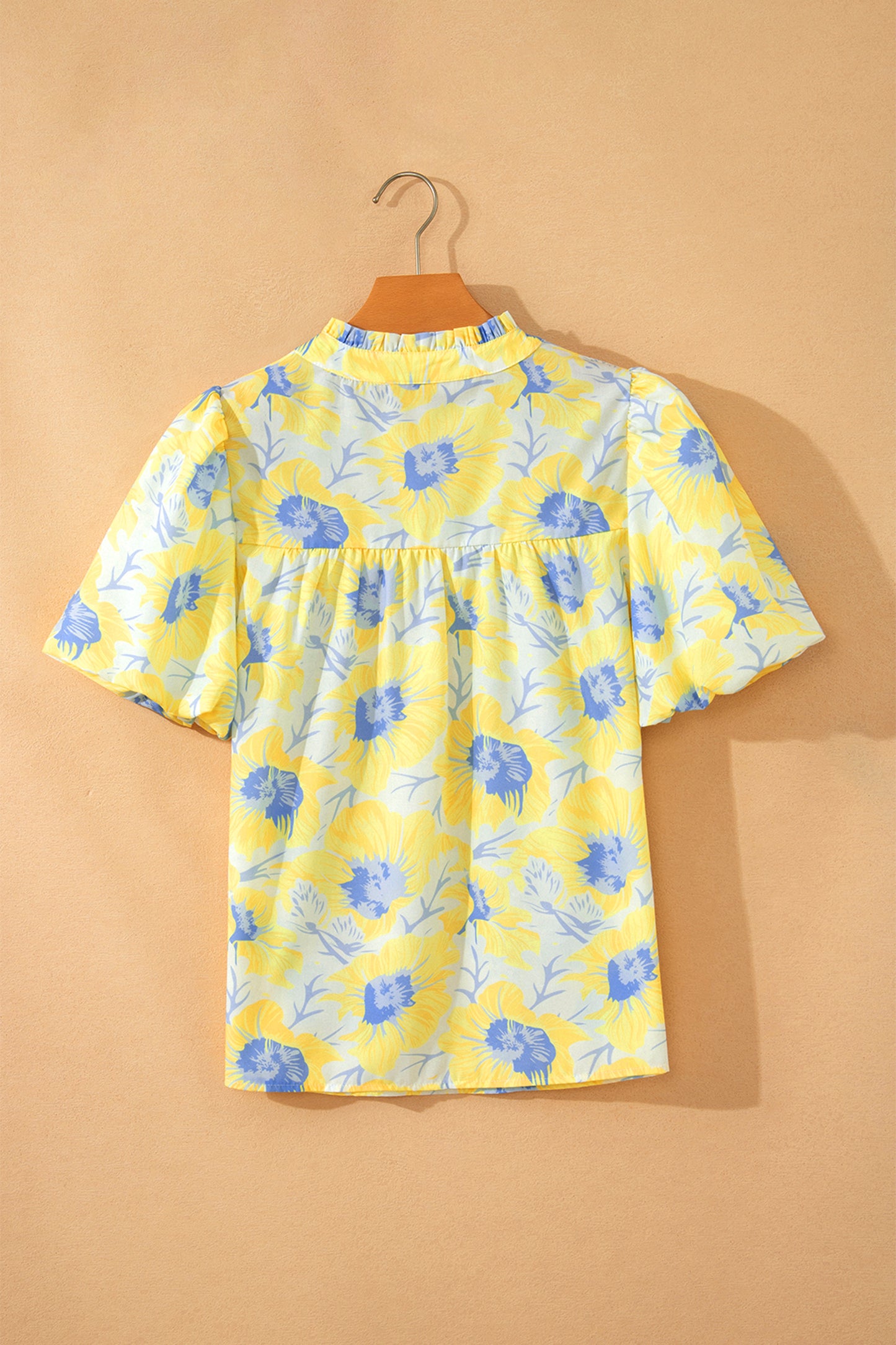 Floral Short Bubble Sleeve V-Neck Blouse