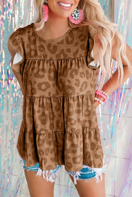 Leopard Flutter Sleeve Tiered Tank Top