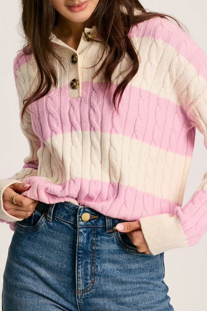 Stripe Cable Knit Collared Henley Sweater