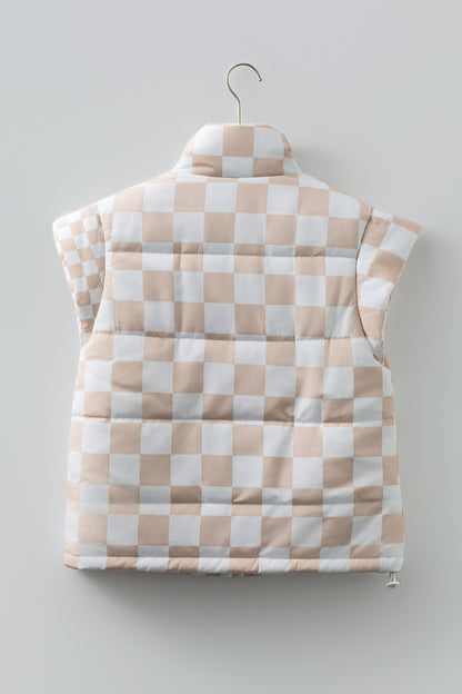 Checker Patchwork Quilted Buttoned Zip Up Vest