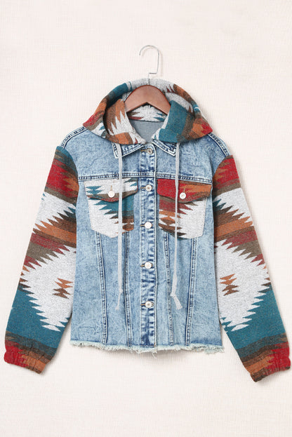 Aztec Denim Frayed Hem Jacket