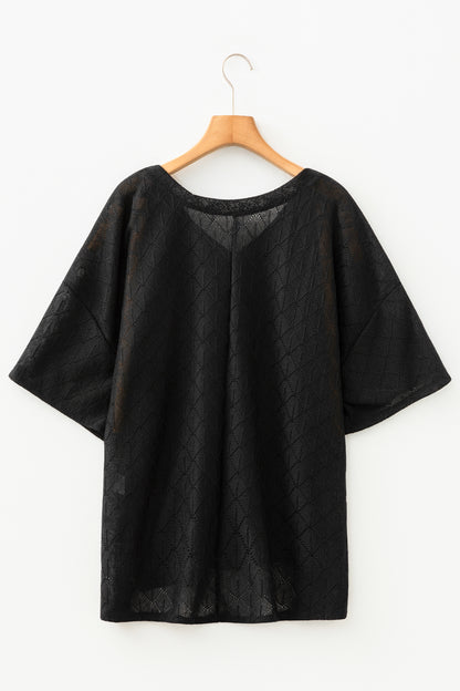 Plus Size Solid Pointelle Knit Rhombus V-Neck Top
