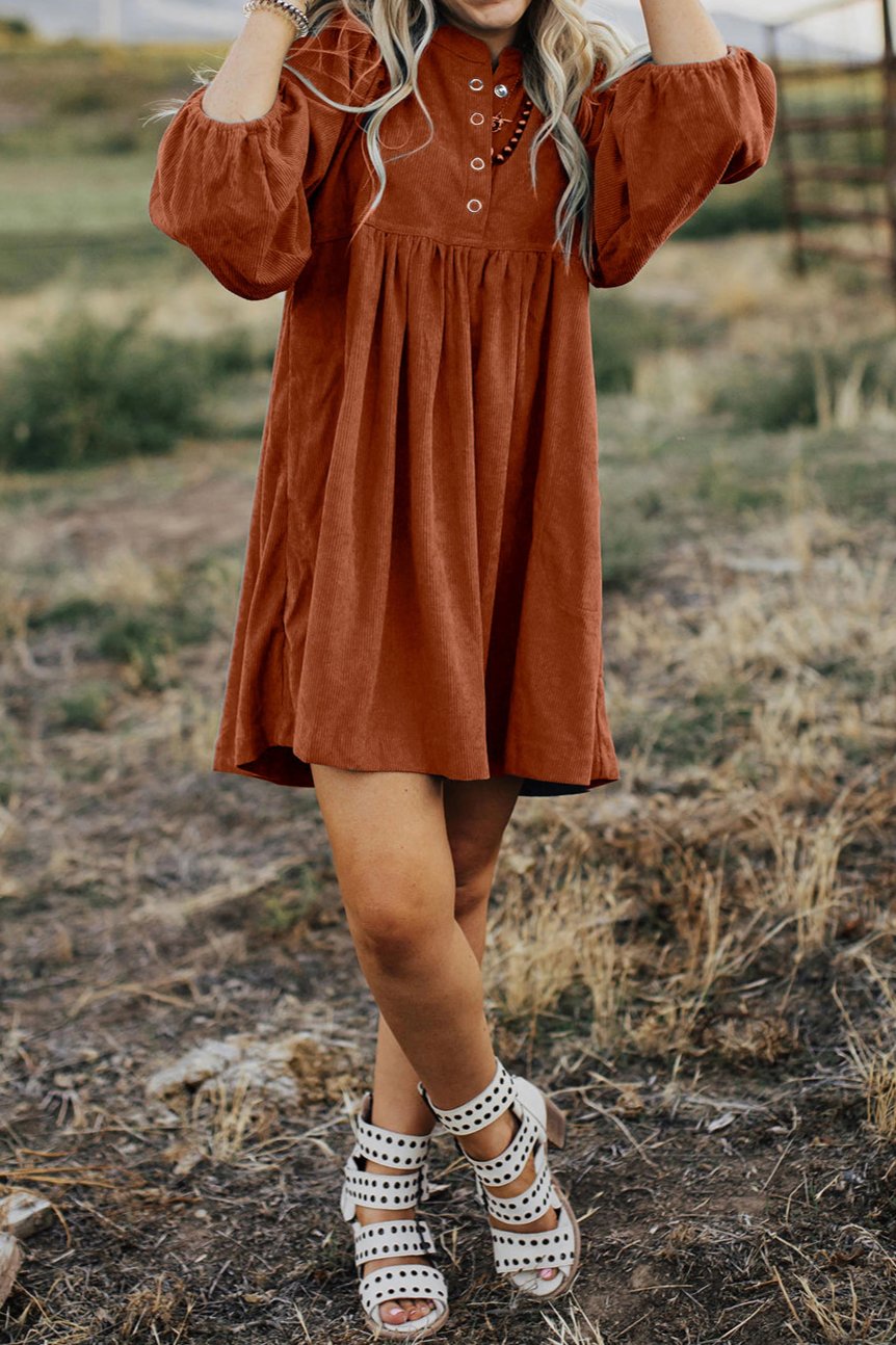 Corduroy Buttoned 3/4 Sleeve Dress