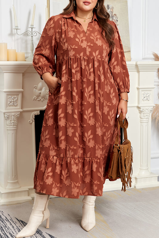 Plus Size Floral Ruffle Hem 3/4 Sleeve Maxi Dress