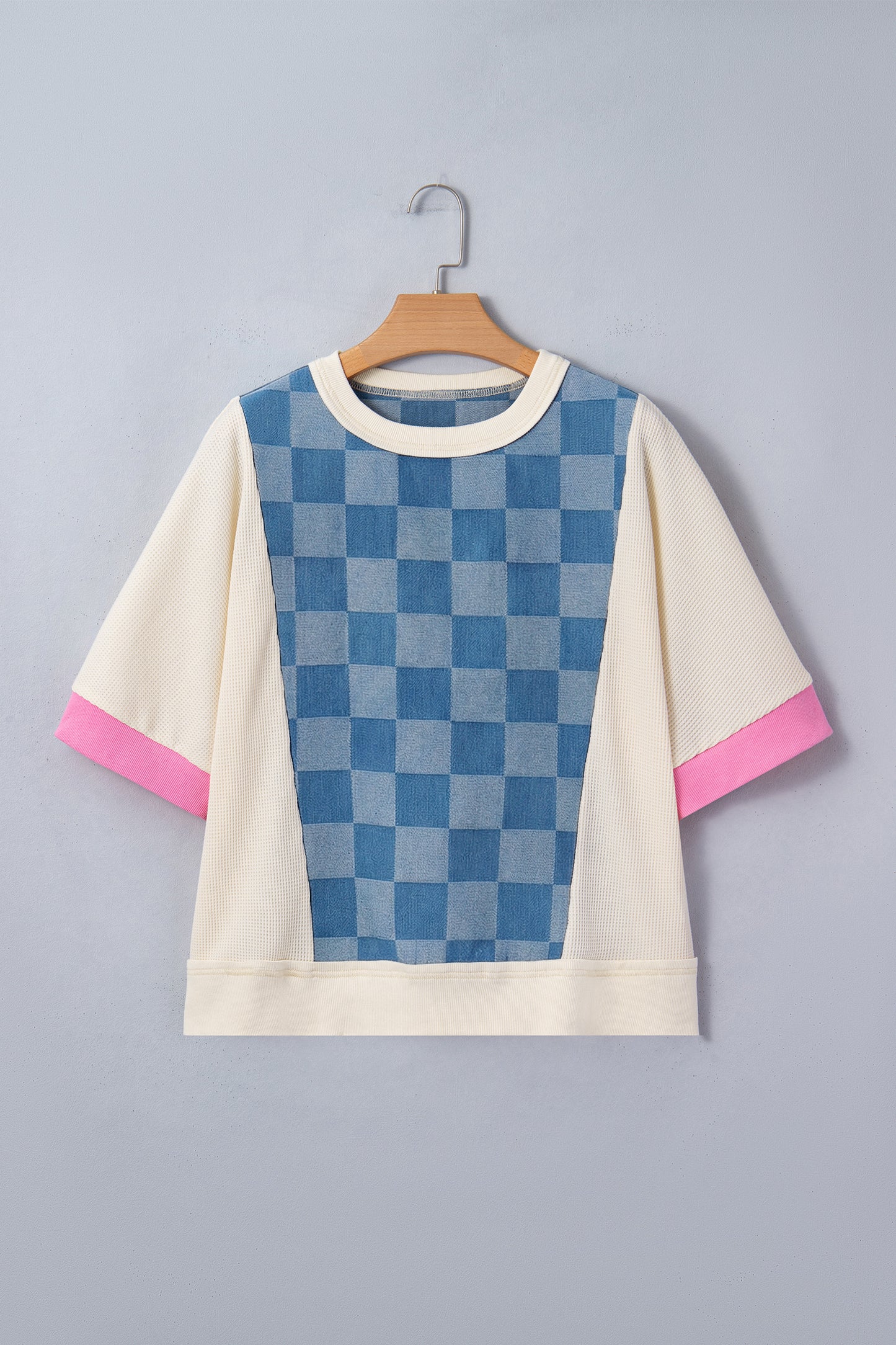 Checker Denim Patchwork Short Sleeve Loose Top