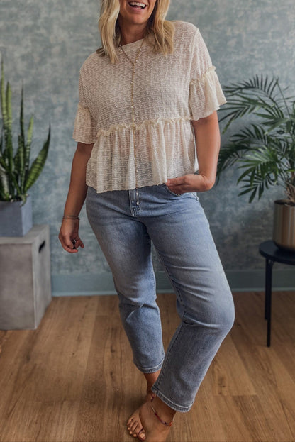 Solid Textured Ruffle Sleeve Blouse