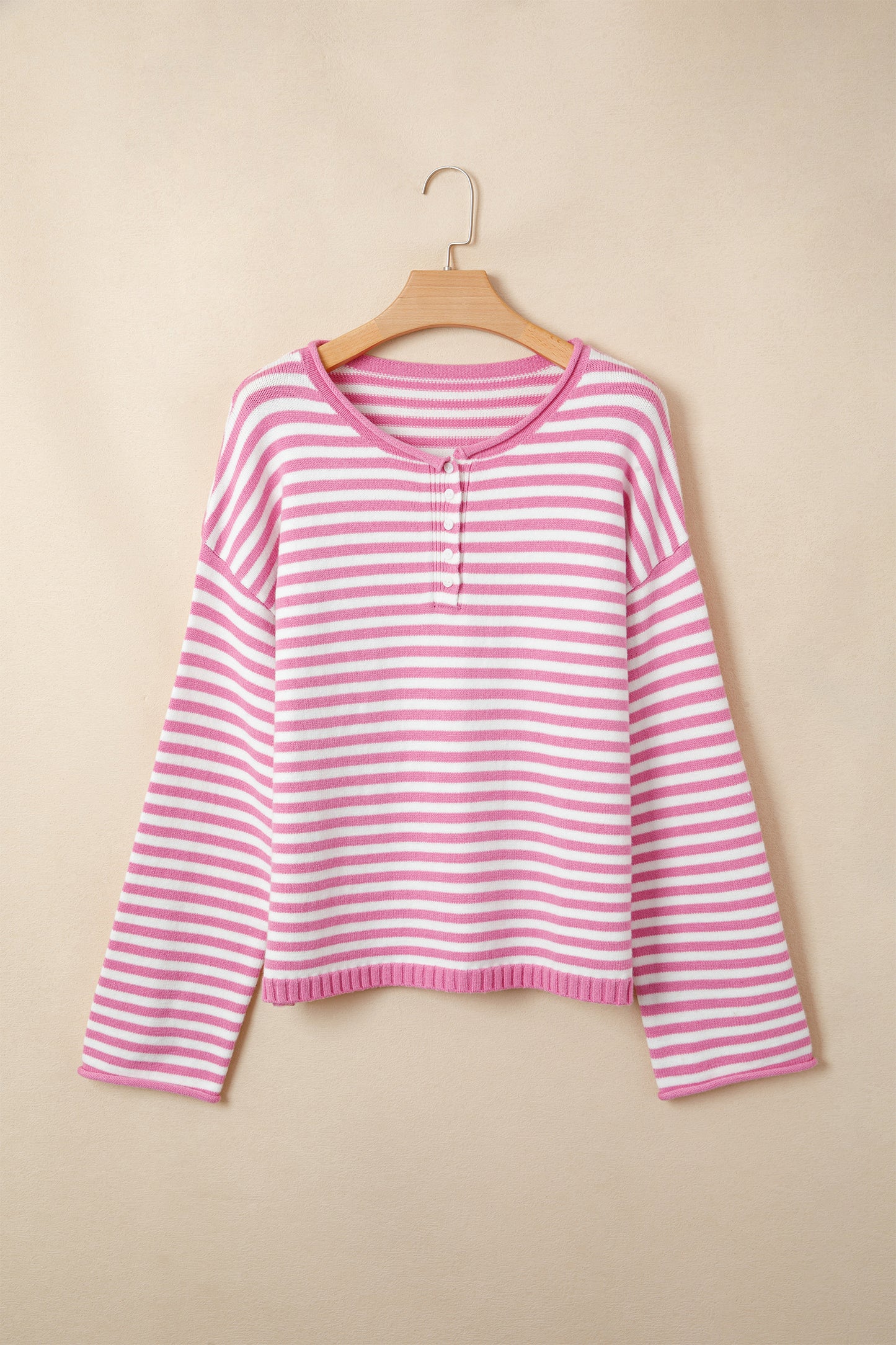 Stripe Button Placket Drop Shoulder Long Sleeve Sweater