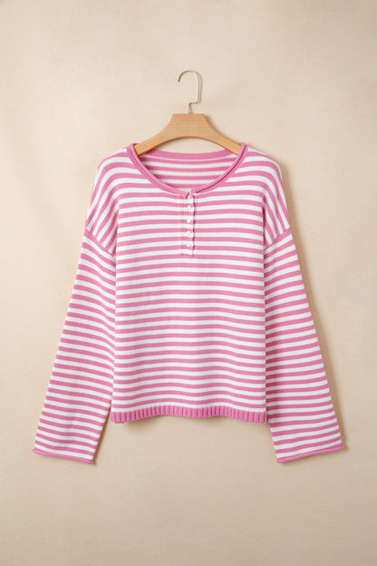 Stripe Button Placket Drop Shoulder Long Sleeve Sweater
