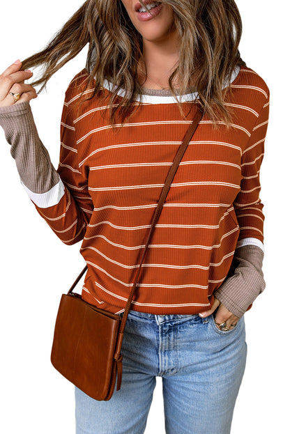 Stripe Colorblock Ribbed Pullover Top