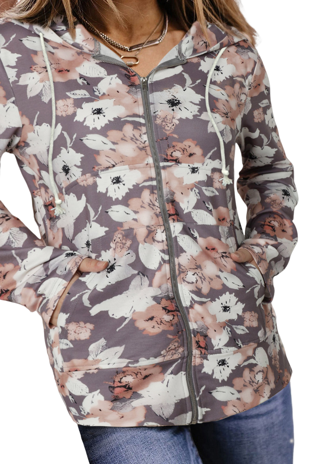 Floral Pocketed Zip-Up Drawstring Hoodie