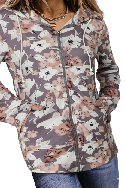 Floral Pocketed Zip-Up Drawstring Hoodie