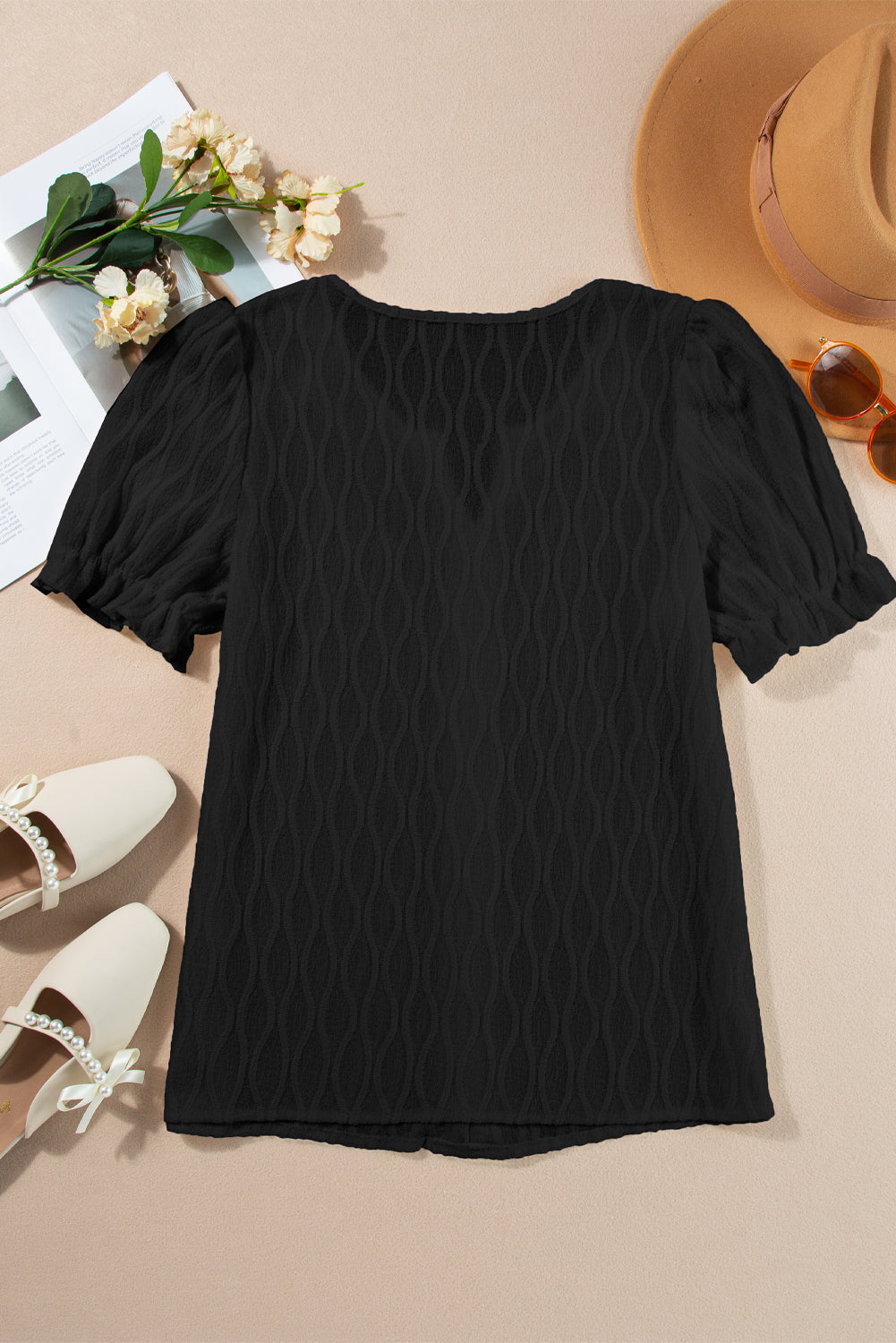 Solid Textured Notch Neck Puff Sleeve Blouse